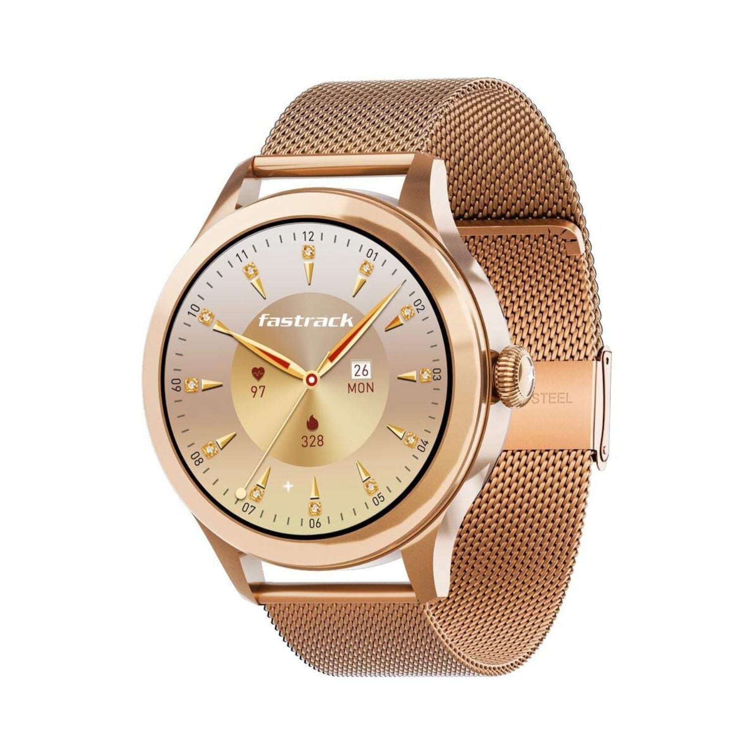 Rose-gold Fastrack smartwatch with champagne dial and rose mesh metal strap